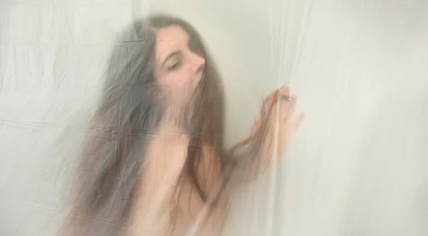 Blurred Fuzzy Image Sensual Romantic Young Naked Woman Portrait Plastic — Stockfoto