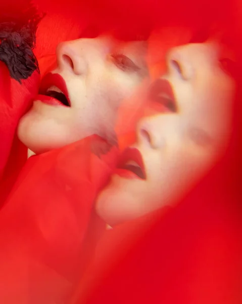 Multiple Mirror Reflection Red Sensual Seductive Beautymodel Woman Red Lips — Stock Fotó