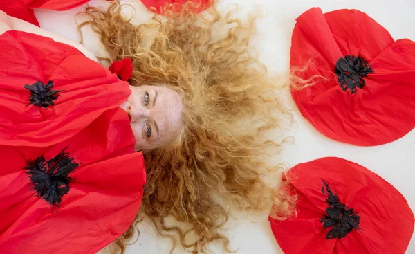 Portrait Beautiful Sexy Sensual Mature Redhead Woman Lying White Floor — Stockfoto