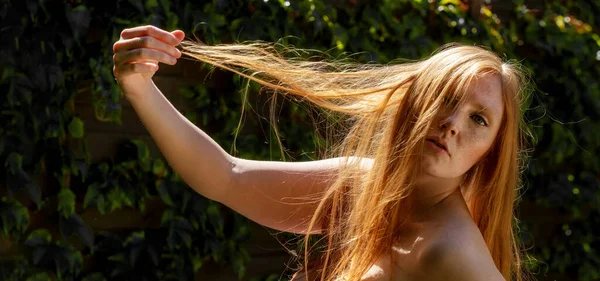Sensual Seductive Wide Banner Portrait Beautiful Red Haired Woman Outdoors — Fotografia de Stock