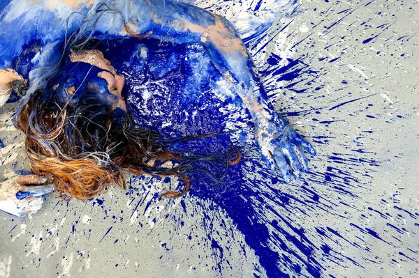 Abstract Art Portrait Seductive Young Brunette Redhead Woman Dots Blue — Stock Photo, Image