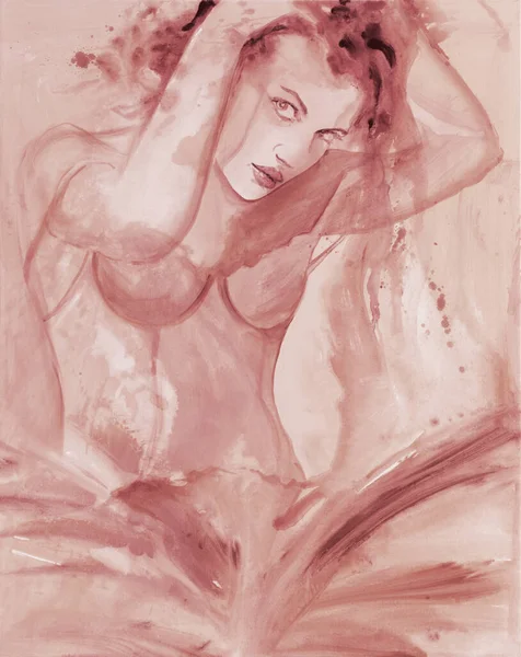 アートキャンバス絵画スケッチのセクシーな女性 ピンク 古いピンク でのコサージュ下着ランジェリー 彼女の頭の上に手 コピースペース — ストック写真