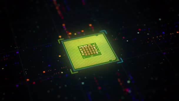 Um processador de computador com fluxo de dados. Placa de circuito processador CPU microchip conceito de inteligência artificial. Pulsos e sinais do chip. Dados de computação em nuvem. Tecnologia de fundo cpu — Vídeo de Stock