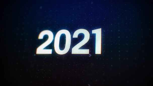 Das Jahr 2021 wird zum Jahr 2022. Weiße leuchtende Ziffern auf dem LCD-Computerbildschirm mit flachem Fokus. 3D-Renderanimation. Happy New Year 2022 Countdown. Flip-Kalender im Wandel der Jahre — Stockvideo