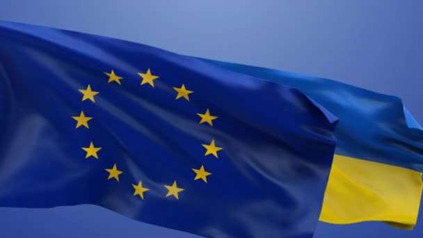 Europa y Ucrania banderas ondean juntas en el viento. Bandera de la Unión Europea junto a la bandera de Ucrania. Concepto de adhesión de Ucrania a la UE. Primer plano del bucle de la bandera de la UE de Ucrania. — Vídeos de Stock