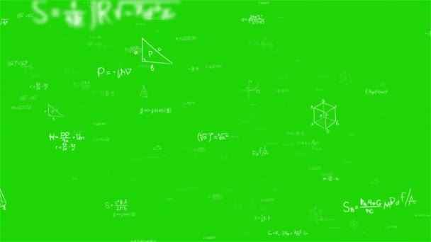 相机在绿色屏幕阿尔法背景下通过由白色数学和方程组成的矩阵 手写几何数字 计算和数学分析 认知过程 无缝圈 — 图库视频影像