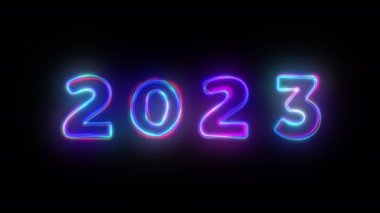 2023 Glow Neon Sign on black background. Bright Multicolor Digits. Happy new year or Christmas decoration. 2023 neon text background.