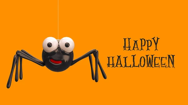 3d render illustration Smiling small cute spider on orange isolated background with text  Happy Halloween.