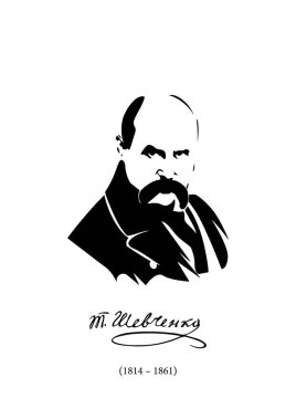 Taras Shevchenko. Ukraynalı yazar. Şair ve Ressam. Vektör çizimi. Beyaz arka plan. Yalnız nesne. İmzalı portre ve sanatçının hayatının yılları..