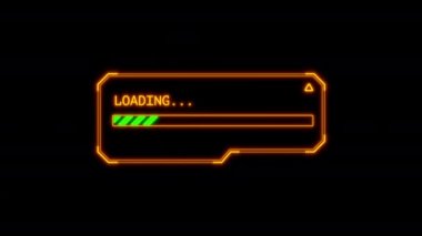 Yükleme işlemi. Görüntü, 2D animasyon, siyah katı arka plan. Siberpunk, kullanıcı arayüzü. Yeşil yükleme çubuğu. Sarı açılır pencere