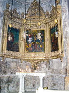 Jerusalem, İsrail - 23 Mayıs 2013: Kudüs şehri, Hıristiyan kiliseler içleri. İç binalar, freskler ve dekoratif öğeler.