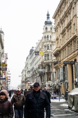 Vienna, Avusturya - 20 Ocak 2014: Viyana manzaraları, binalar ve Viyana kenti sokaklarında. Tapınaklar ve katedralleri Gotik ve Bizans tarzı antika binalar.