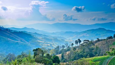 Mavi gökyüzü ve yeşil dağ manzara