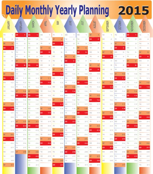 Dagliga månatliga 2015 årskalender planering diagram — Stock vektor