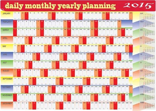 Dagliga månatliga 2015 årskalender planering diagram — Stock vektor