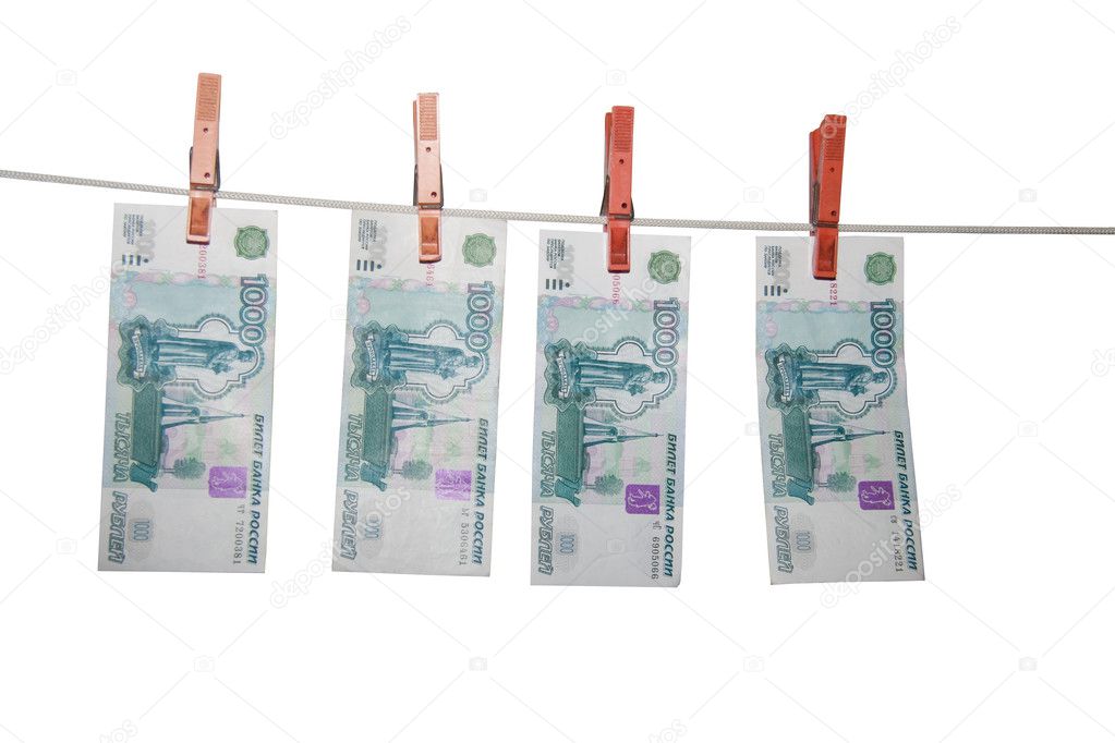 Rubles on a rope isolated on white