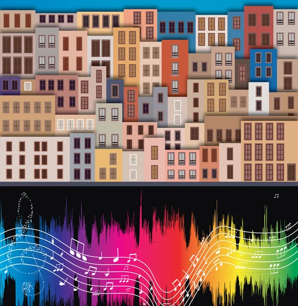 Città vecchia e note musicali. illustrazione vettoriale — Vettoriale Stock