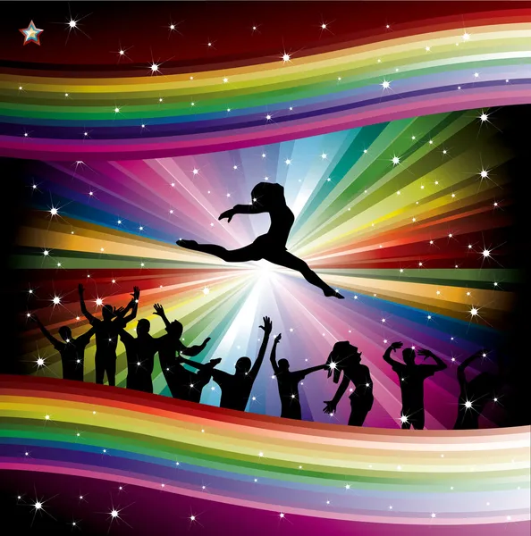 Ilustración vectorial con bailarines sobre fondo de arco iris — Vector de stock