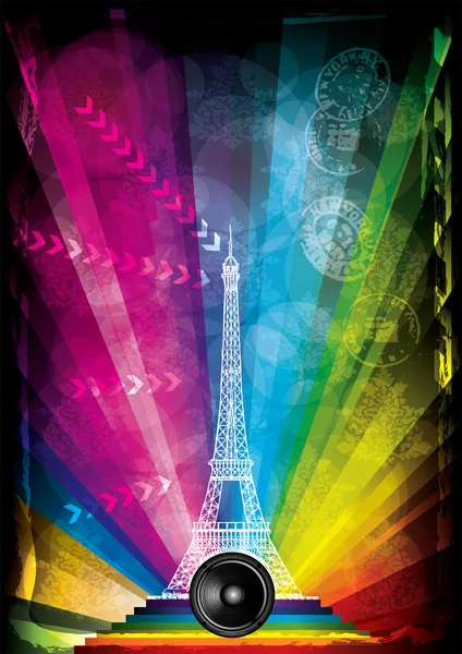 Scheda vettoriale con torre eiffel e luci al neon su sfondo arcobaleno — Vettoriale Stock