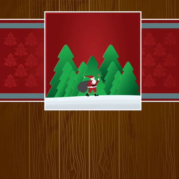 Noel kartı torbayla ormanda Noel Baba ile — Stok Vektör