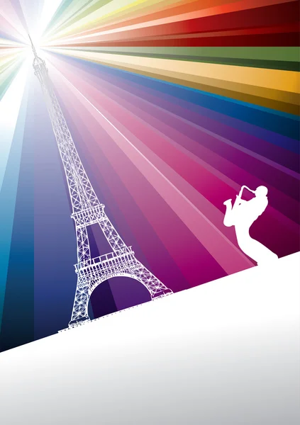 Jazz trumpeter in Paris on rainbow background — Stock Vector