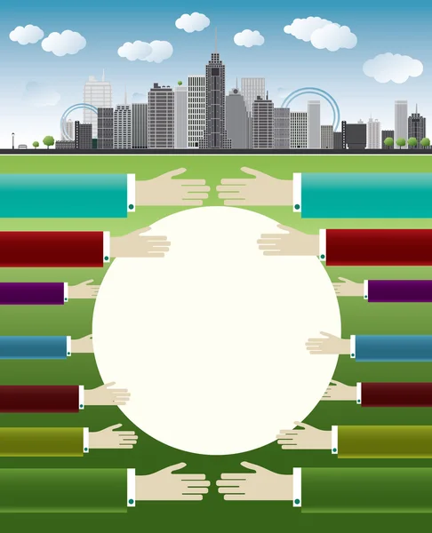 Illustrazione aziendale con grande città e mani — Vettoriale Stock