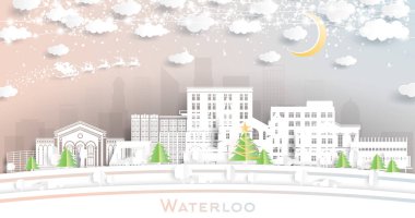 Waterloo Iowa şehrinin Skyline 'ı Kar Taneleri, Ay ve Neon Garland ile birlikte. Vektör İllüstrasyonu. Noel ve Yeni Yıl Kavramı. Noel Baba kızakta. Waterloo Şehir Manzarası.
