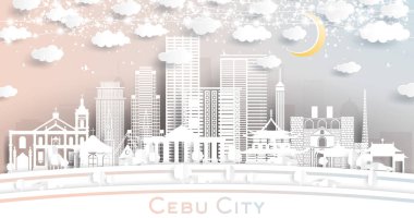Cebu Şehir Filipinleri Beyaz Binalar, Ay ve Neon Garland ile Kağıt Kesiği Tarzı ile Skyline. Vektör İllüstrasyonu. Seyahat ve Turizm Konsepti. Kentin simgelerine sahip Cebu Şehri.