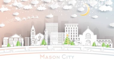 Mason City Iowa Skyline 'da Kar Taneleri, Ay ve Neon Garland ile kağıt kesiği tarzında. Vektör İllüstrasyonu. Noel ve Yeni Yıl Kavramı. Noel Baba kızakta. Mason Şehri Şehir Manzarası ve Şehir Simgeleri.