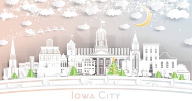 Kar Taneleri, Ay ve Neon Garland 'lı Iowa City Skyline' ı. Vektör İllüstrasyonu. Noel ve Yeni Yıl Kavramı. Noel Baba kızakta. Iowa Şehri Şehir Manzaraları.