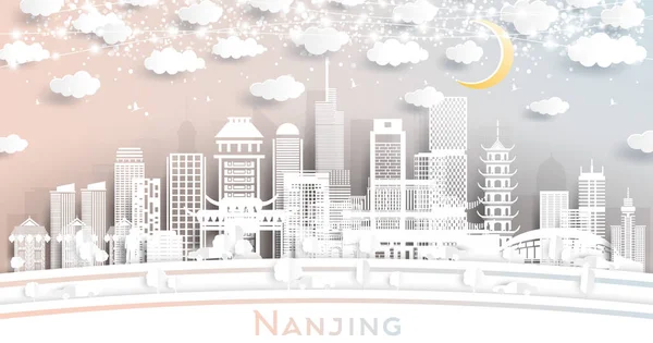 Nanjing China City Skyline Paper Cut Style White Buildings Moon — Stock Vector