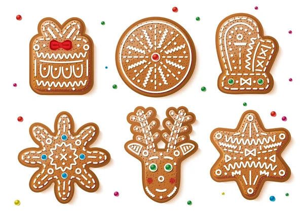 Set Galletas Jengibre Navidad Aisladas Sobre Fondo Blanco Ilustración Vectorial — Vector de stock