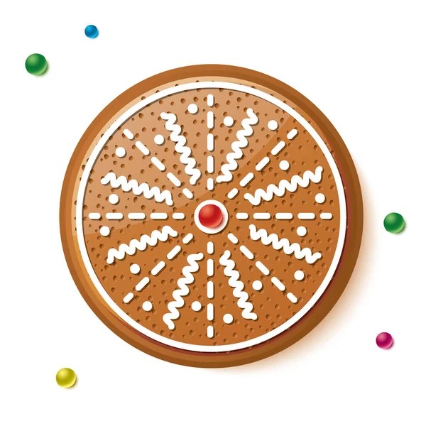 Gingerbread Circle Cookie Geïsoleerd Wit Kerstbakkerij Vector Illustratie — Stockvector