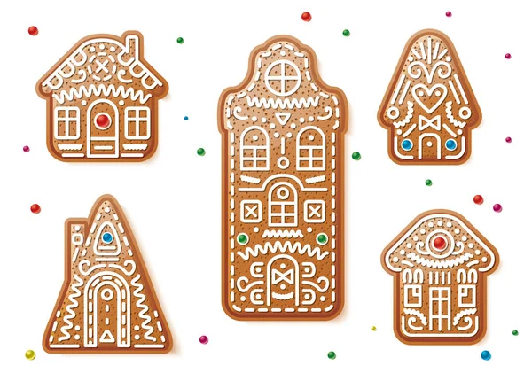 Set Von Lebkuchenhäusern Und Süßigkeiten Weihnachten Vektorillustration Traditionelle Weihnachtsplätzchen Isoliert — Stockvektor