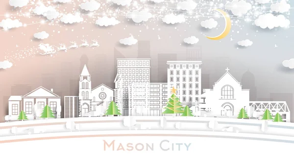 Mason City Iowa Skyline Kar Taneleri Neon Garland Ile Kağıt — Stok Vektör