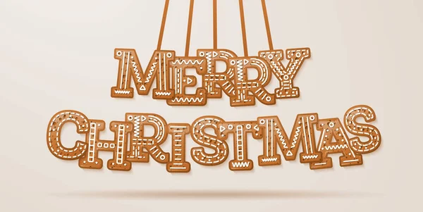 メリークリスマステキスト クッキースタイルで釉フレーズとグリーティングカード 文字列にぶら下がっているジンジャーブレッド文字 ベクターイラスト — ストックベクタ