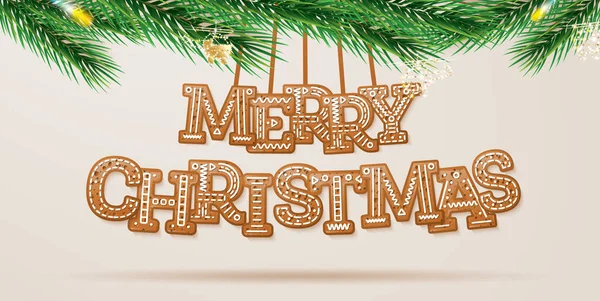 メリークリスマス グリーティングカードには クッキースタイルとグリーンファイアブランチのグラステキストが含まれています ジンジャーブレッド文字で2022年あけましておめでとうございます ベクターイラスト — ストックベクタ
