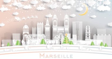 Marsilya Fransa Şehri, Kar Taneleri, Ay ve Neon Garland ile Kağıt Kesiği Tarzı ile Gökyüzü. Vektör İllüstrasyonu. Noel ve Yeni Yıl Kavramı. Noel Baba kızakta. Marsilya Şehir Manzaraları.