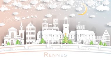 Rennes France City Skyline, Kar Taneleri, Ay ve Neon Garland ile Kağıt Kesiği Tarzı. Vektör İllüstrasyonu. Noel ve Yeni Yıl Kavramı. Noel Baba kızakta. Rennes Şehir Yer İmleri.