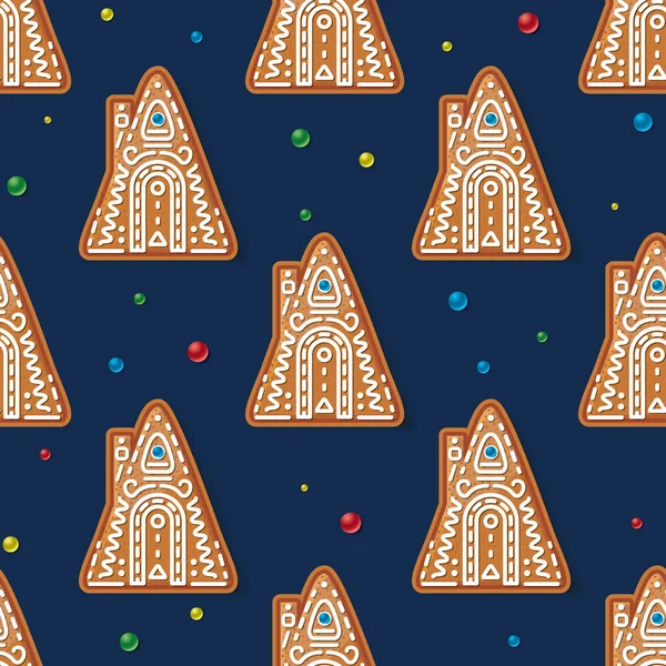 Patrón Sin Costura Con Casa Pan Jengibre Navidad Azul Ilustración — Vector de stock