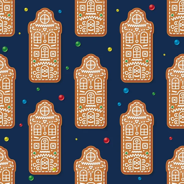 Seamless Pattern with Christmas Gingerbread House on Blue. Vector Illustration. Traditional Christmas Cookie.