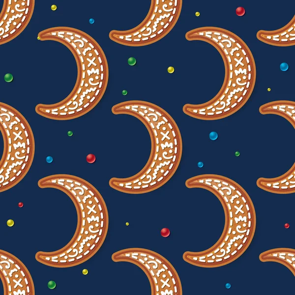 Naadloos Patroon Met Gingerbread Moon Blue Kerstkoekje Vector Illustratie — Stockvector