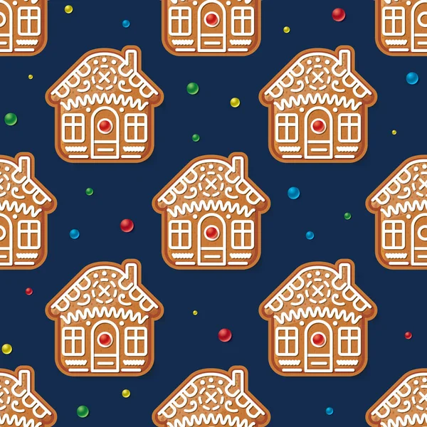 Patrón Sin Costura Con Casa Pan Jengibre Navidad Azul Ilustración — Archivo Imágenes Vectoriales