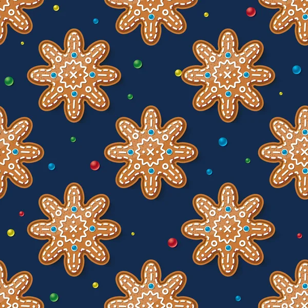 Nahtloses Muster Mit Lebkuchen Schneeflocken Auf Blau Weihnachtsplätzchen Vektorillustration — Stockvektor