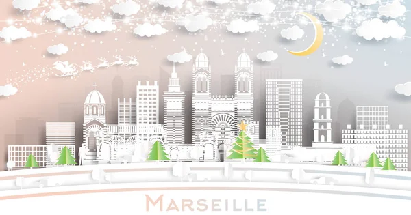 Marsilya Fransa Şehri Kar Taneleri Neon Garland Ile Kağıt Kesiği — Stok Vektör