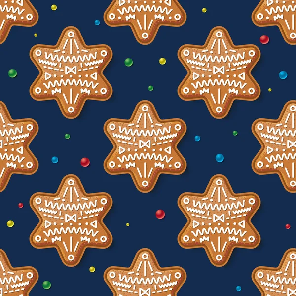 Patrón Sin Costura Con Estrella Jengibre Azul Galleta Navidad Ilustración — Archivo Imágenes Vectoriales