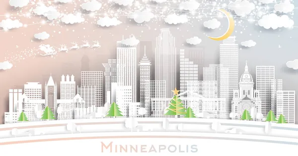 Minneapolis Minnesota City Skyline Stylu Cięcia Papieru Płatków Śniegu Księżyca — Wektor stockowy