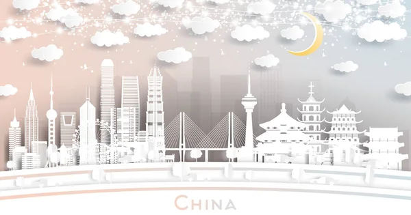 China City Skyline Paper Cut Style White Buildings Moon Och — Stock vektor