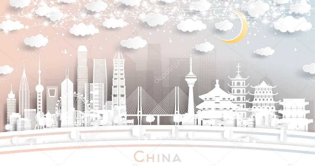 China City Skyline in Paper Cut Style with White Buildings, Moon and Neon Garland. Vector Illustration. Famous Landmarks in China. Cityscape with Landmarks.