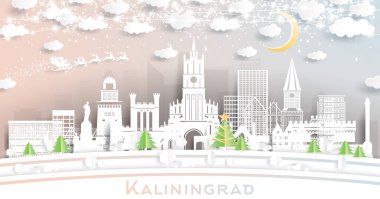 Kaliningrad Rusya Şehri Kar Taneleri, Ay ve Neon Garland ile Kağıt Kesiği Tarzı ile Gökyüzü. Vektör İllüstrasyonu. Noel ve Yeni Yıl Kavramı. Noel Baba kızakta. Kaliningrad Şehir Manzarası.